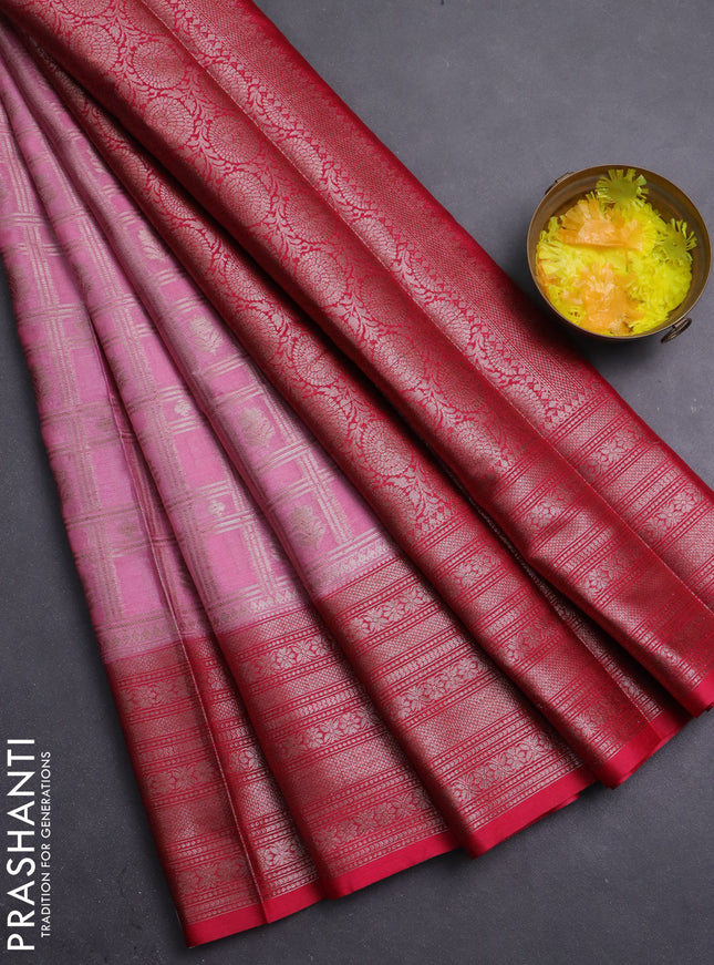 Banarasi warm silk saree light pink and pink with allover thread & zari checked pattern and long zari woven border