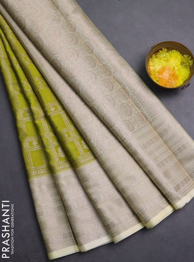 Banarasi warm silk saree lime green and cream with allover thread & zari checked pattern and long zari woven border
