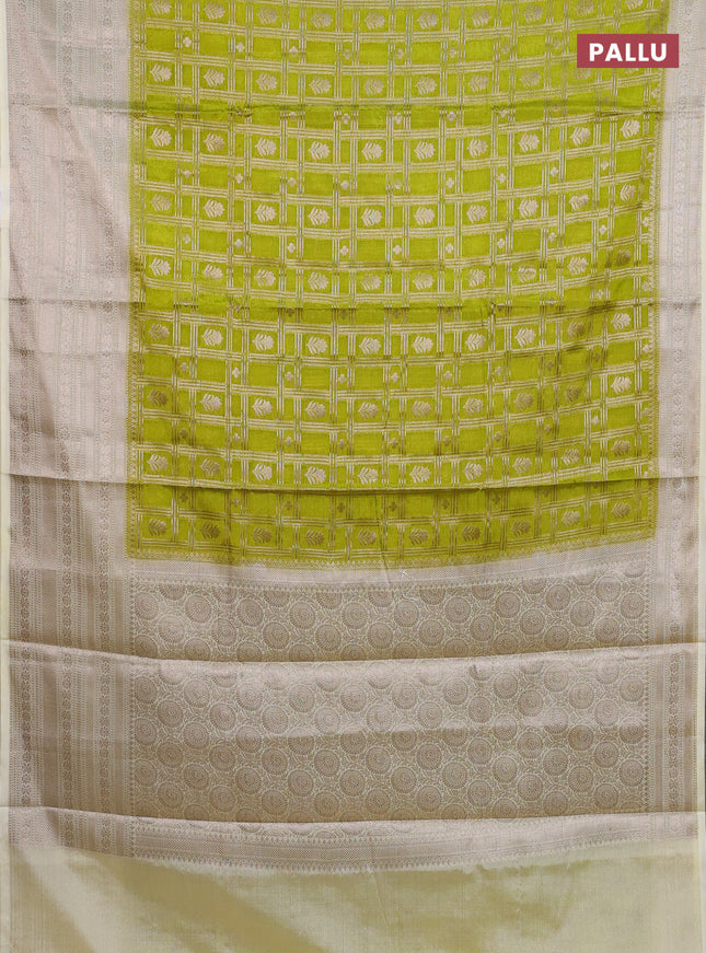 Banarasi warm silk saree lime green and cream with allover thread & zari checked pattern and long zari woven border