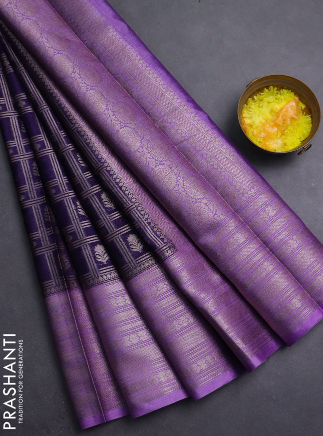 Banarasi warm silk saree deep violet and lavender with allover thread & zari checked pattern and long zari woven border