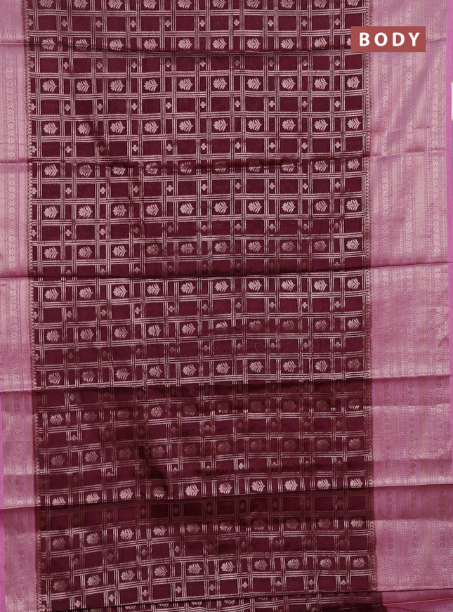 Banarasi warm silk saree coffee brown and mauve pink with allover thread & zari checked pattern and long zari woven border
