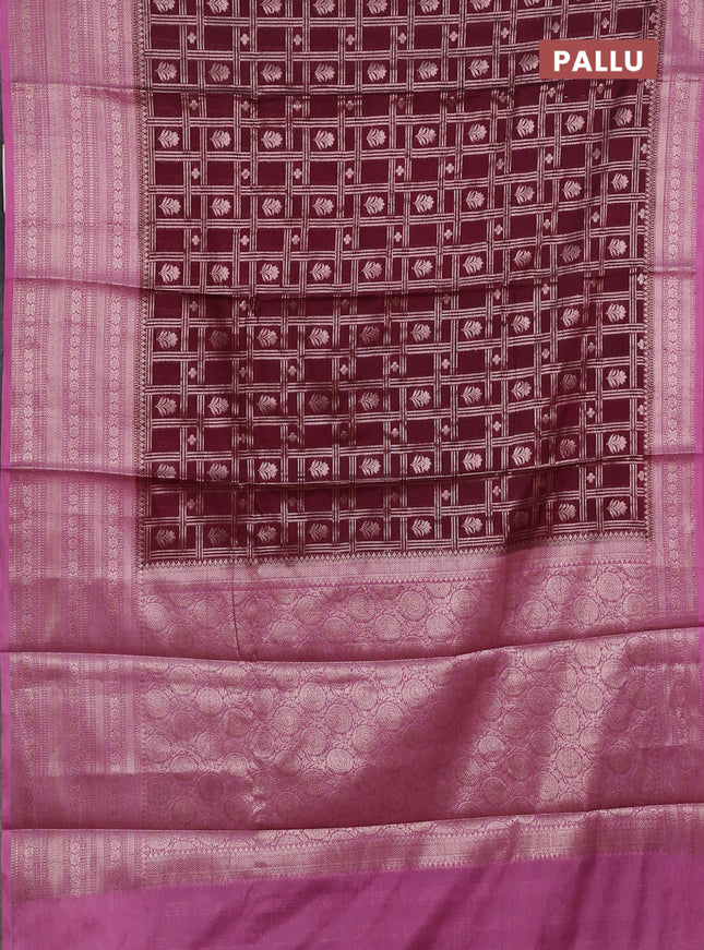 Banarasi warm silk saree deep maroon and mauve pink with allover thread & zari checked pattern and long zari woven border