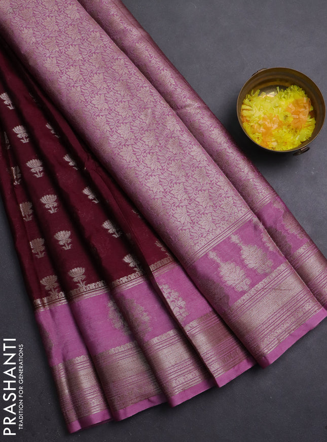 Banarasi warm silk saree wine shade and pastel pink with allover thread & zari woven buttas and zari woven border