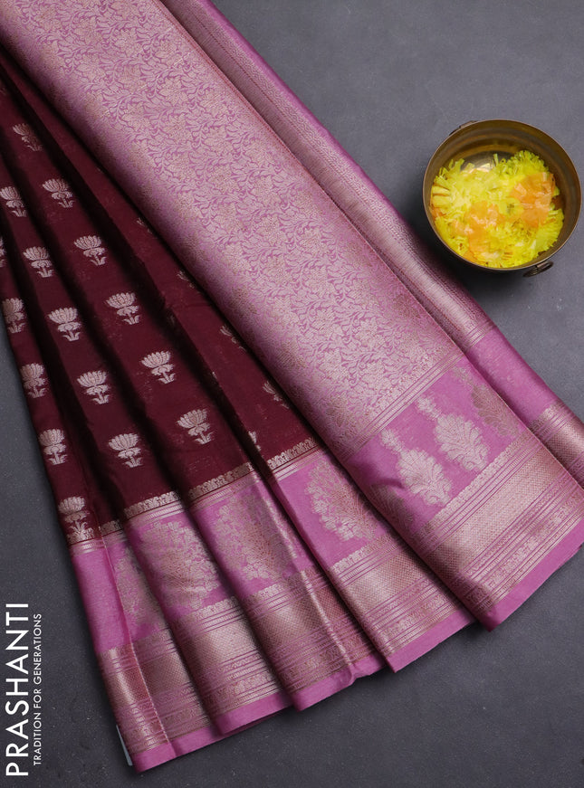 Banarasi warm silk saree coffee brown and pastel pink with allover thread & zari woven buttas and zari woven border