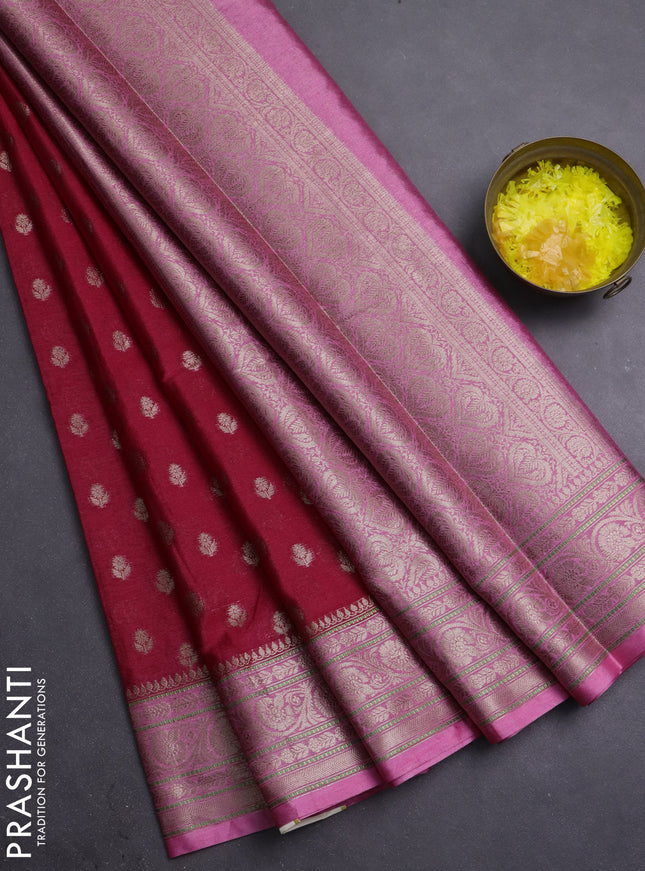 Banarasi warm silk saree red and peach pink with allover thread & zari woven buttas and zari woven border