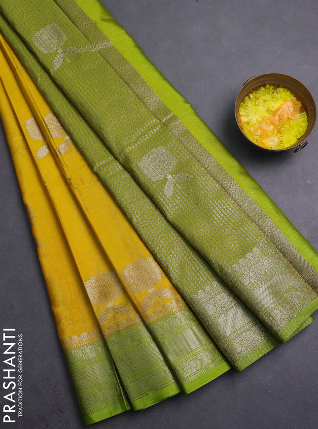 Banarasi warm silk saree yellow and lime green with thread & zari woven buttas and zari woven border