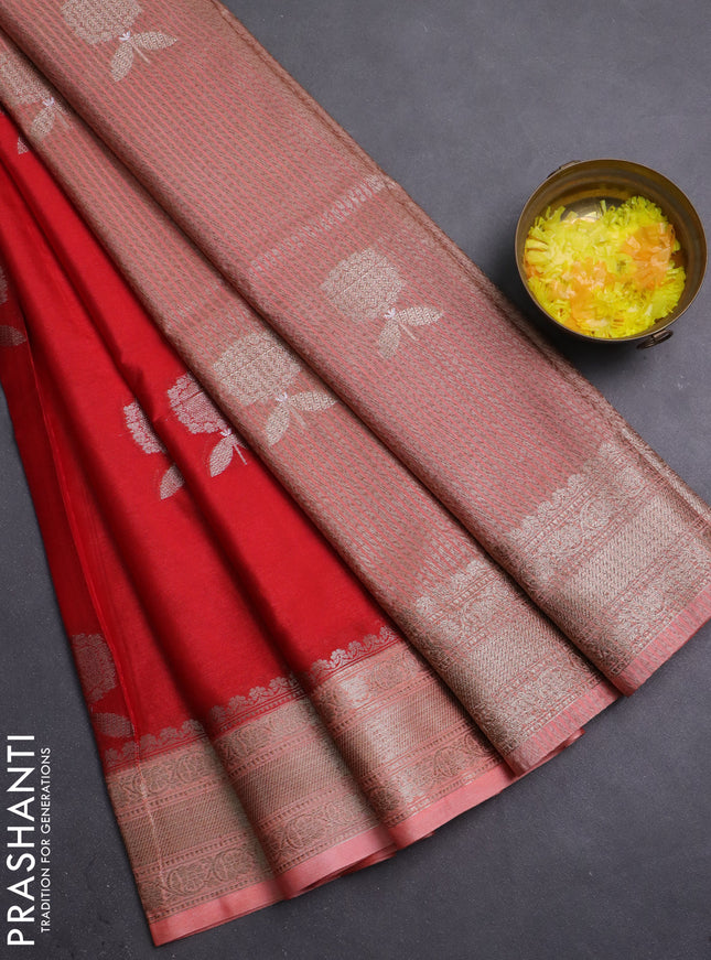 Banarasi warm silk saree red and peach orange with thread & zari woven buttas and zari woven border