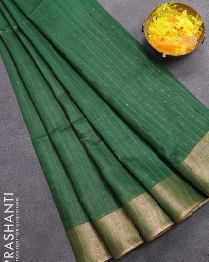 Semi raw silk saree green with allover stripes pattern and sequin work pallu & embroidery work readymade blouse - {{ collection.title }} by Prashanti Sarees