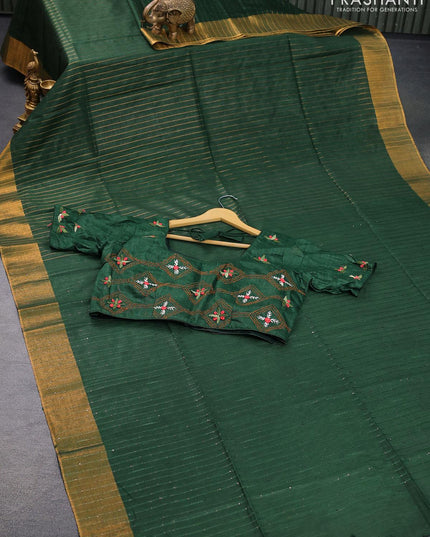 Semi raw silk saree bottle green with allover stripes pattern and sequin work pallu & embroidery work readymade blouse - {{ collection.title }} by Prashanti Sarees