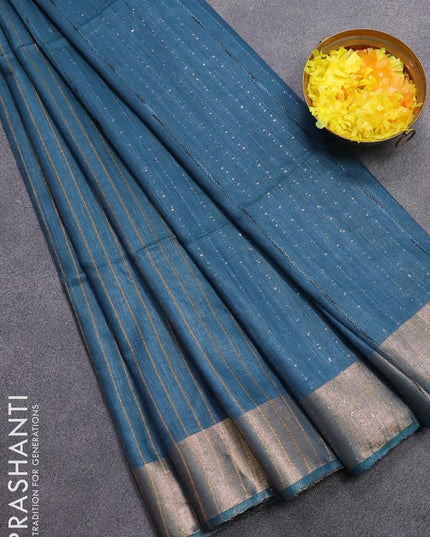 Semi raw silk saree peacock blue with allover stripes pattern and sequin work pallu & embroidery work readymade blouse - {{ collection.title }} by Prashanti Sarees