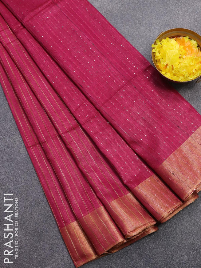 Semi raw silk saree magenta pink with allover stripes pattern and sequin work pallu & embroidery work readymade blouse - {{ collection.title }} by Prashanti Sarees