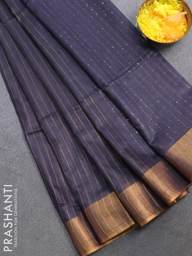 Semi raw silk saree dark grey with allover stripes pattern and sequin work pallu & embroidery work readymade blouse - {{ collection.title }} by Prashanti Sarees