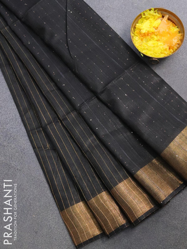 Semi raw silk saree black with allover stripes pattern and sequin work pallu & embroidery work readymade blouse - {{ collection.title }} by Prashanti Sarees