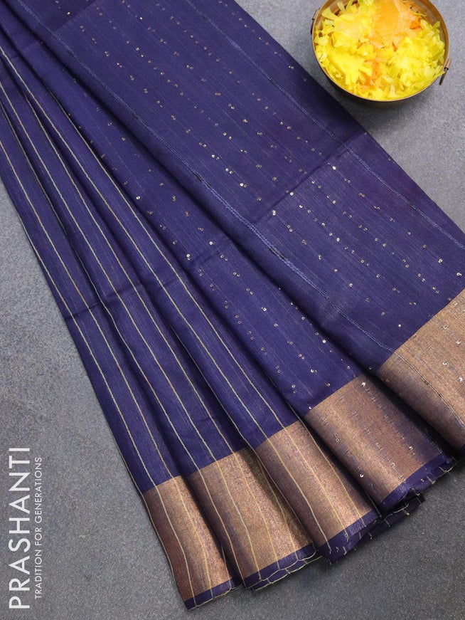 Semi raw silk saree dark blue with allover stripes pattern and sequin work pallu & embroidery work readymade blouse - {{ collection.title }} by Prashanti Sarees