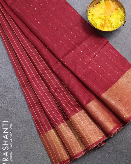 Semi raw silk saree maroon with allover stripes pattern and sequin work pallu & embroidery work readymade blouse - {{ collection.title }} by Prashanti Sarees