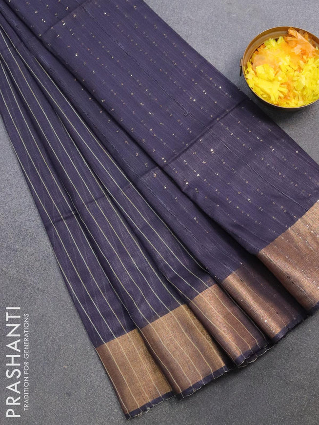 Semi raw silk saree dark grey with allover stripes pattern and sequin work pallu & embroidery work readymade blouse - {{ collection.title }} by Prashanti Sarees