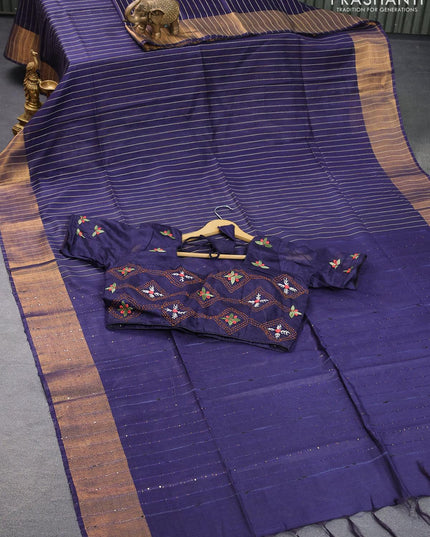 Semi raw silk saree navy blue with allover stripes pattern and sequin work pallu & embroidery work readymade blouse - {{ collection.title }} by Prashanti Sarees