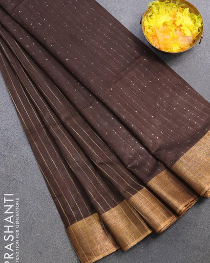 Semi raw silk saree brown with allover stripes pattern and sequin work pallu & embroidery work readymade blouse - {{ collection.title }} by Prashanti Sarees