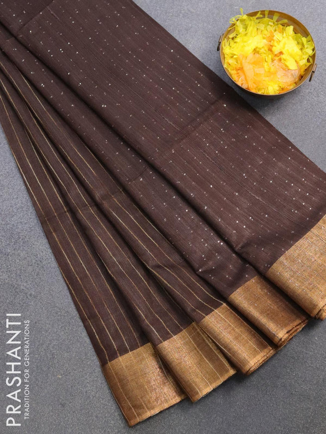 Semi raw silk saree brown with allover stripes pattern and sequin work pallu & embroidery work readymade blouse - {{ collection.title }} by Prashanti Sarees