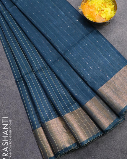 Semi raw silk saree peacock blue with allover stripes pattern and sequin work pallu & embroidery work readymade blouse - {{ collection.title }} by Prashanti Sarees