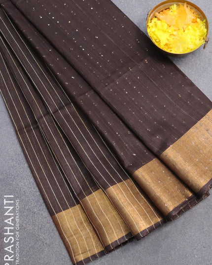 Semi raw silk saree coffee brown with allover stripes pattern and sequin work pallu & embroidery work readymade blouse - {{ collection.title }} by Prashanti Sarees