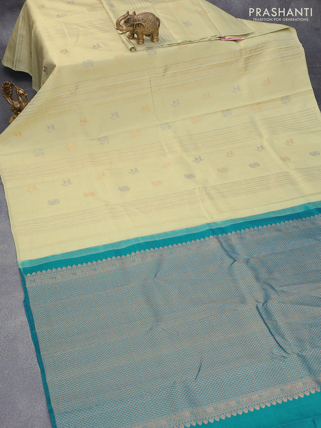 Pure kanjivaram silk saree pista green and teal blue with allover silver & gold zari weaves in borderless style