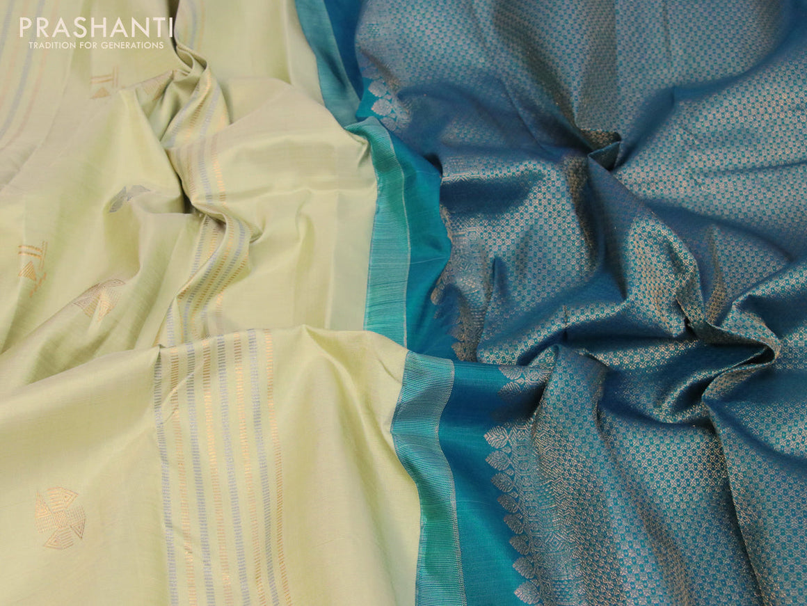 Pure kanjivaram silk saree pista green and teal blue with allover silver & gold zari weaves in borderless style
