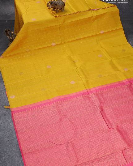 Pure kanjivaram silk saree yellow and pink with allover zari weaves & buttas in borderless style