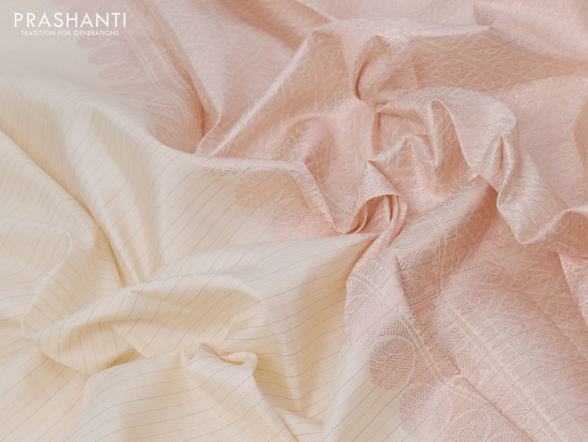 Pure kanjivaram silk saree cream with allover zari weaves & annam buttas in borderless style