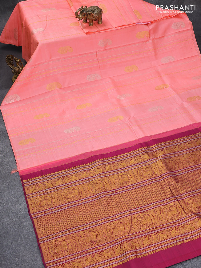 Pure kanjivaram silk saree peach pink and dual shade of purple with zari woven buttas in borderless style