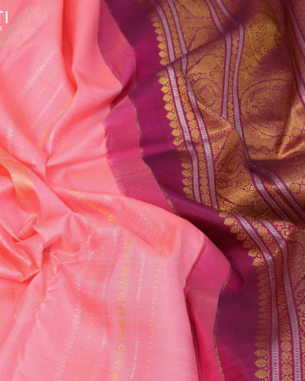 Pure kanjivaram silk saree peach pink and dual shade of purple with zari woven buttas in borderless style