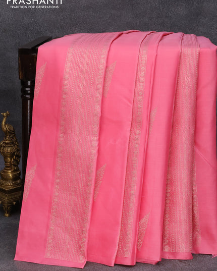 Pure kanjivaram silk saree light pink and peacock blue with zari woven buttas in borderless style