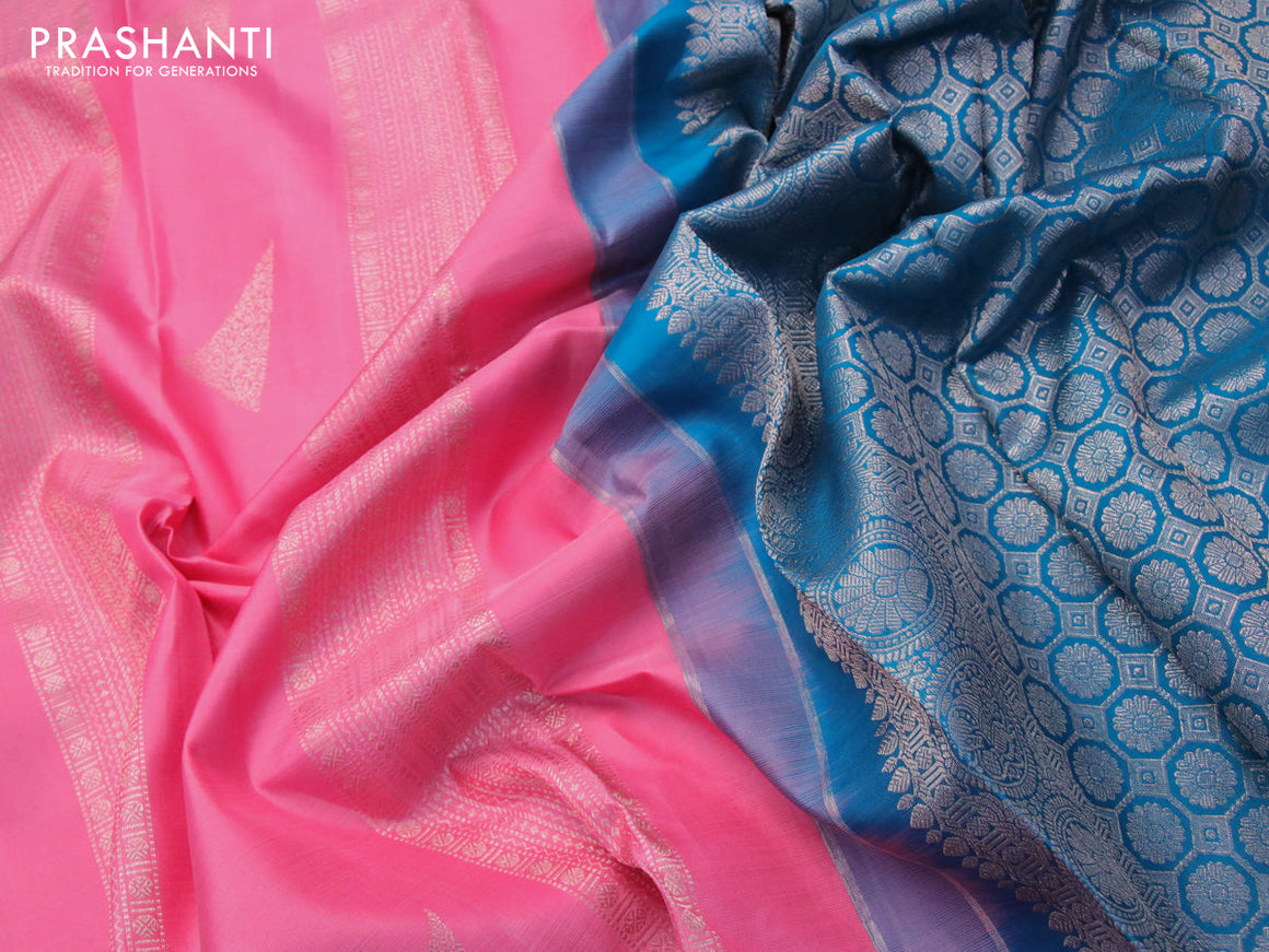 Pure kanjivaram silk saree light pink and peacock blue with zari woven buttas in borderless style