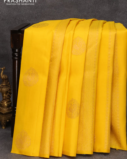 Pure kanjivaram silk saree yellow and peacock blue with zari woven buttas in borderless style