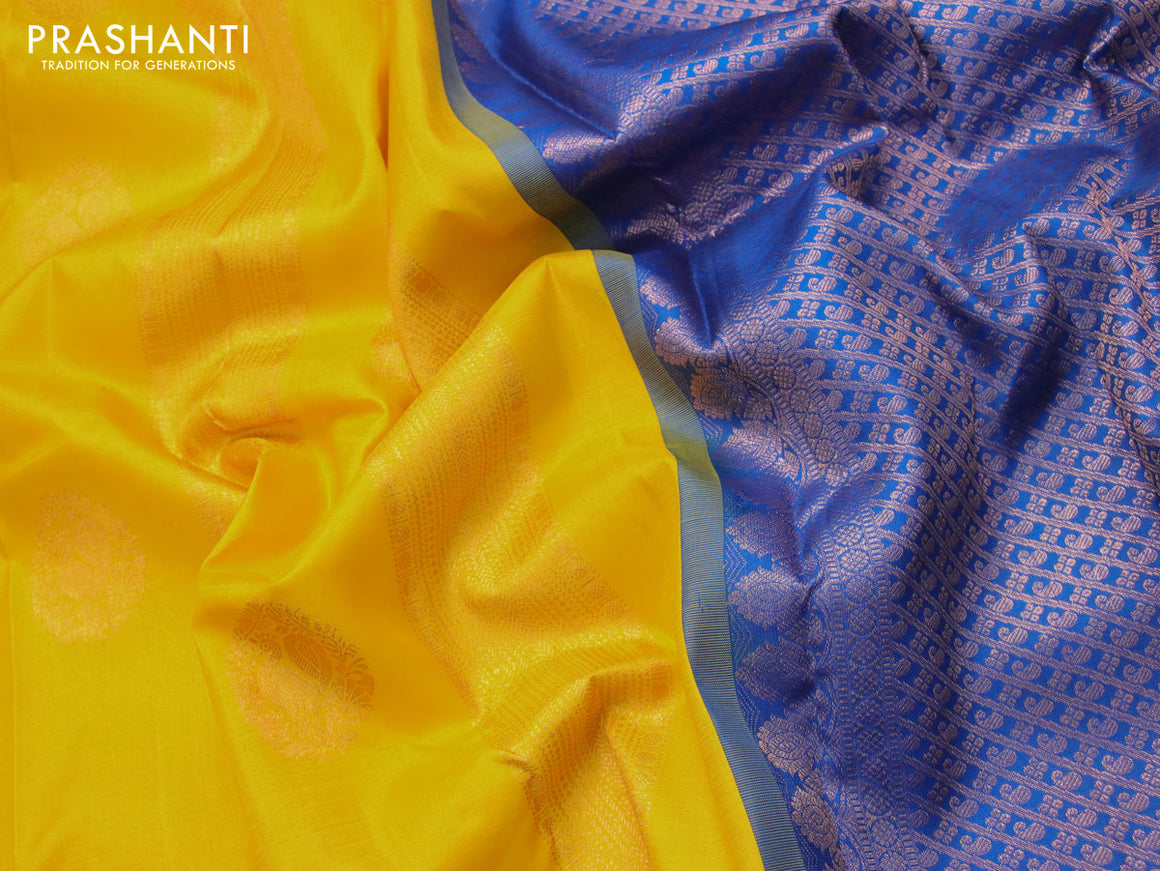 Pure kanjivaram silk saree yellow and peacock blue with zari woven buttas in borderless style