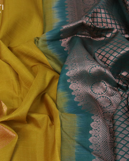 Pure kanjivaram silk saree mustard shade and dark green with zari woven buttas in borderless style