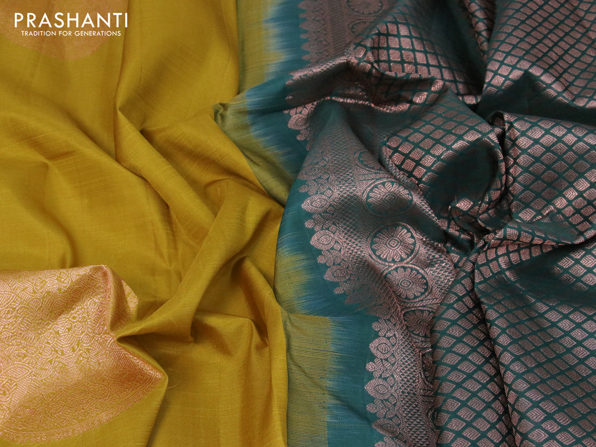 Pure kanjivaram silk saree mustard shade and dark green with zari woven buttas in borderless style