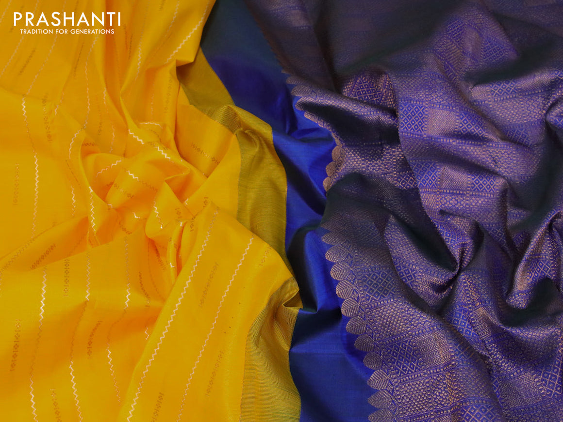 Pure kanjivaram silk saree yellow and dual shade of bluish green with allover silver & gold zari weaves in borderless style