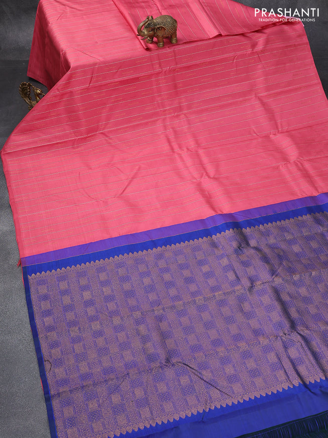 Pure kanjivaram silk saree light pink and dual shade of bluish green with allover silver & gold zari weaves in borderless style