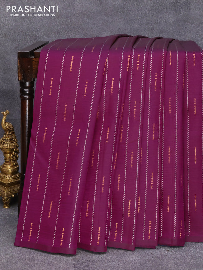 Pure kanjivaram silk saree purple and dual shade of bluish green with allover silver & gold zari weaves in borderless style