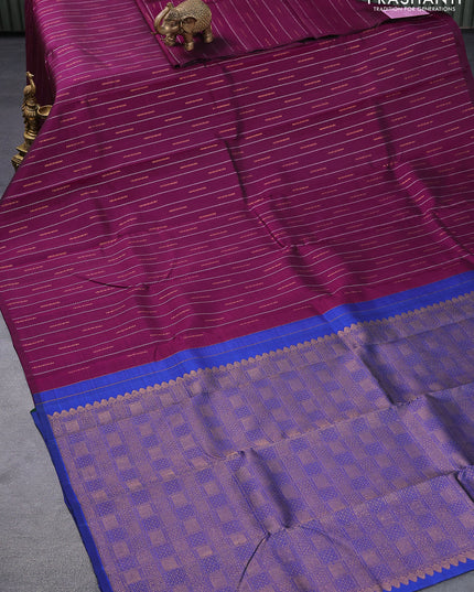 Pure kanjivaram silk saree purple and dual shade of bluish green with allover silver & gold zari weaves in borderless style