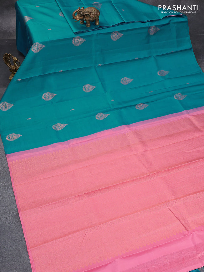 Pure kanjivaram silk saree cs blue and light pink with zari woven buttas in borderless style
