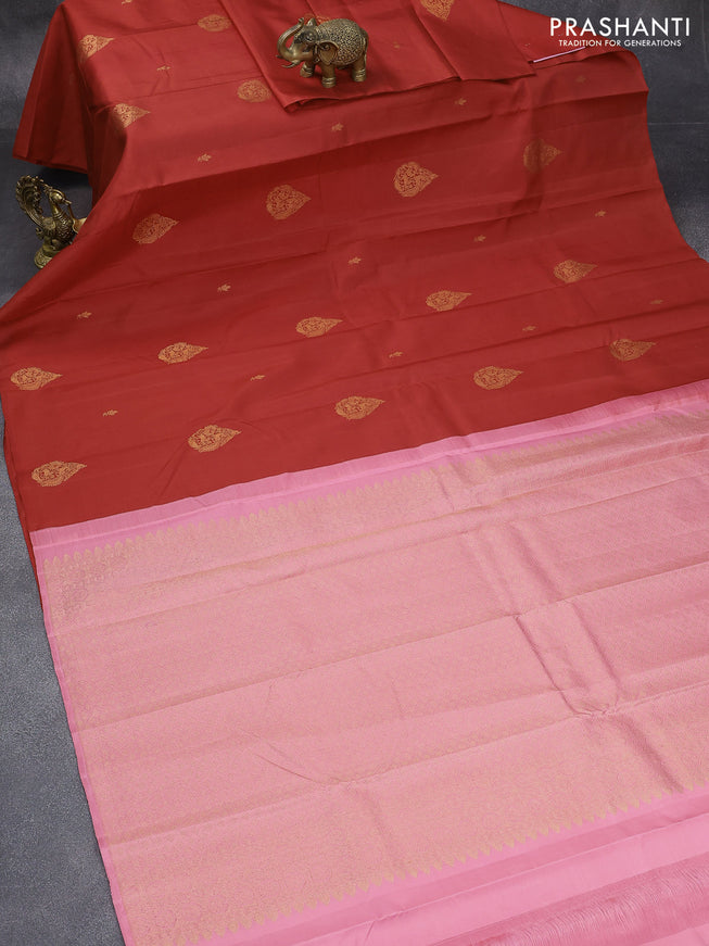 Pure kanjivaram silk saree red and light pink with zari woven buttas in borderless style