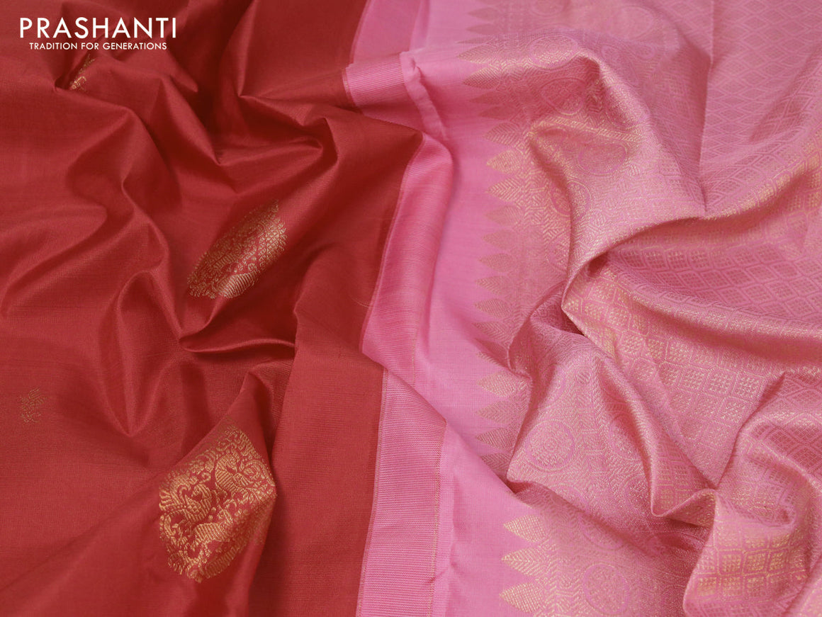 Pure kanjivaram silk saree red and light pink with zari woven buttas in borderless style