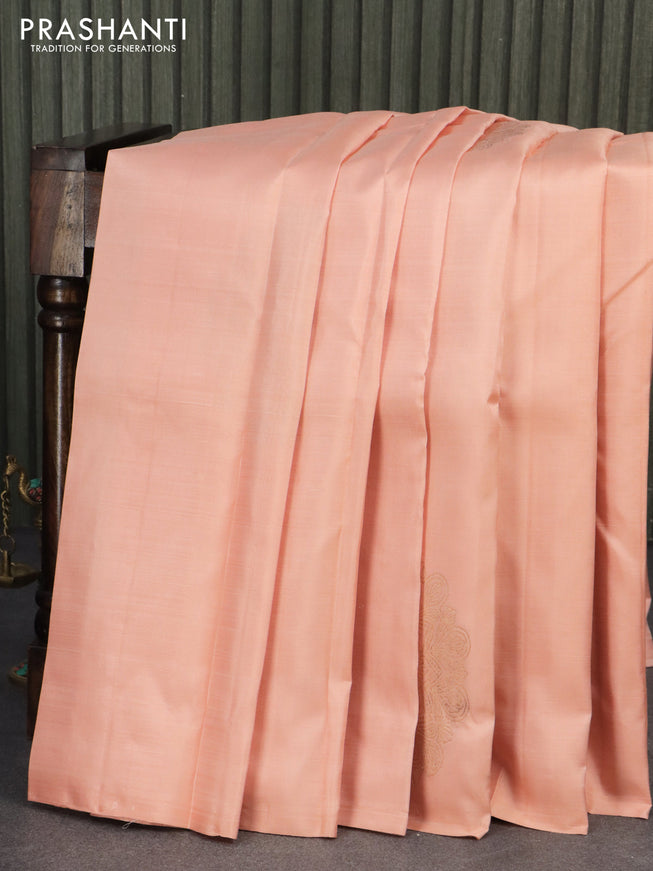 Pure kanjivaram silk saree peach shade and dark magenta pink with zari woven buttas in borderless style
