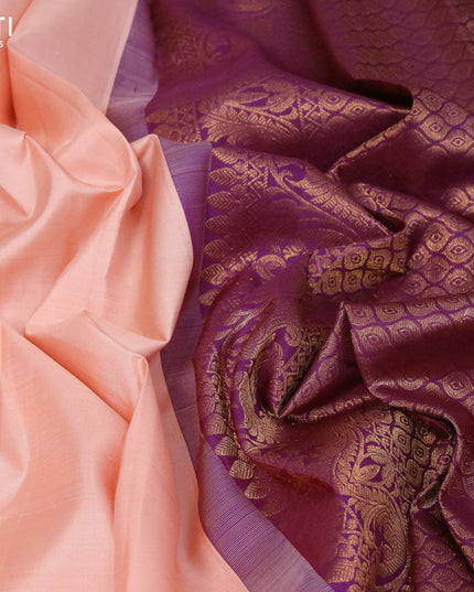 Pure kanjivaram silk saree peach shade and dark magenta pink with zari woven buttas in borderless style