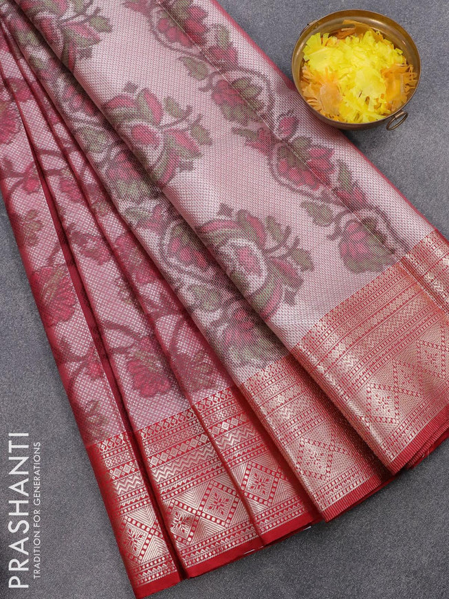 Banarasi kora saree maroon shade with allover ikat weaves and long zari woven border - {{ collection.title }} by Prashanti Sarees
