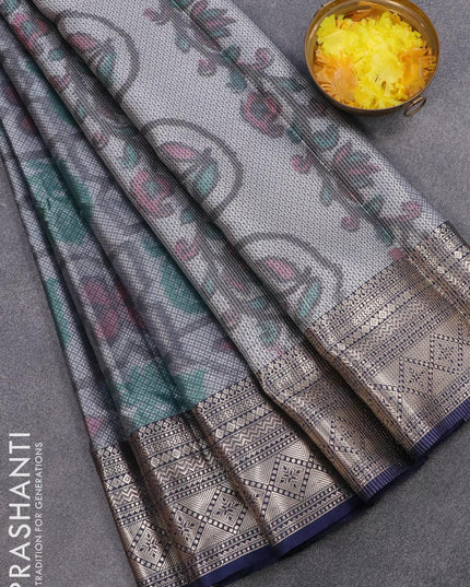 Banarasi kora saree grey shade and blue with allover ikat weaves and zari woven border - {{ collection.title }} by Prashanti Sarees