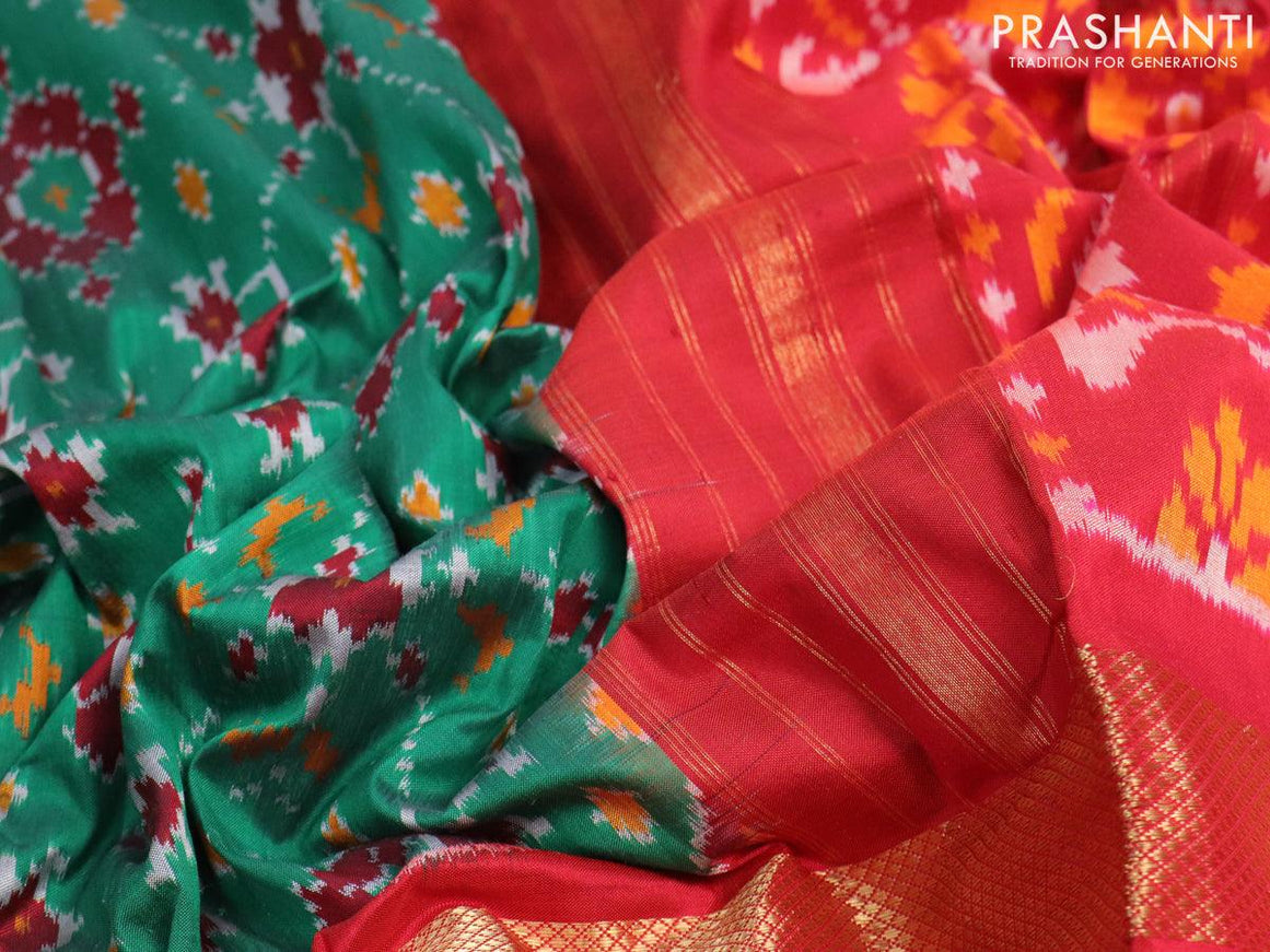 Pochampally silk saree green and red with allover ikat weaves and long ikat woven zari border - {{ collection.title }} by Prashanti Sarees