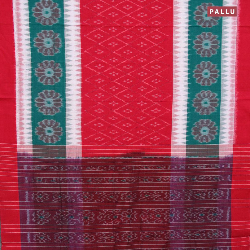 Ikat cotton saree red and green off white with allover ikat weaves and simple border without blouse - {{ collection.title }} by Prashanti Sarees